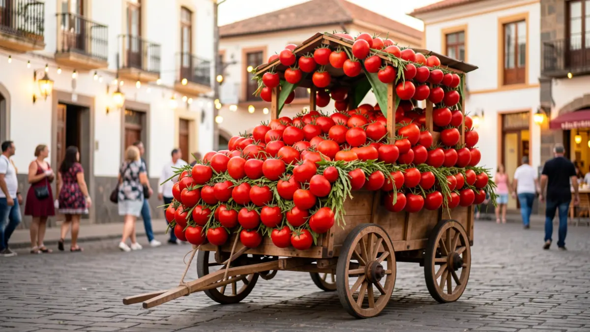 Carreta municipal de Santa Lucía de Tirajana decorada con tomates para la Ofrenda Romería del Pino.