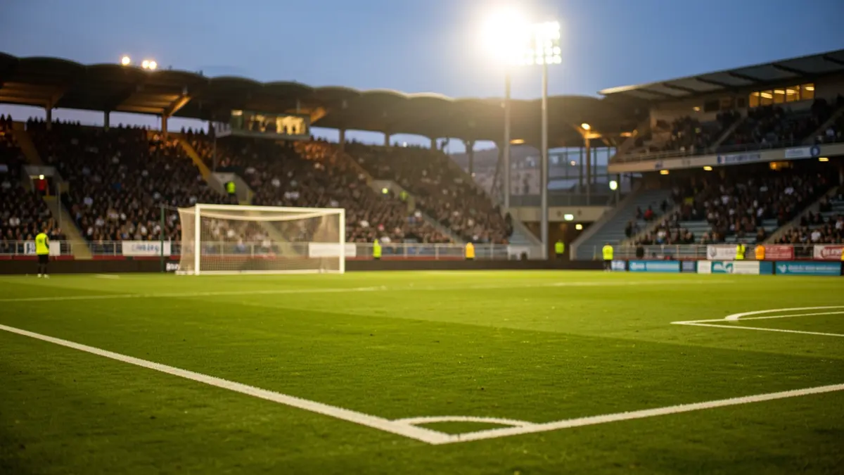Generic image of a football pitch at dusk with stadium lights on.