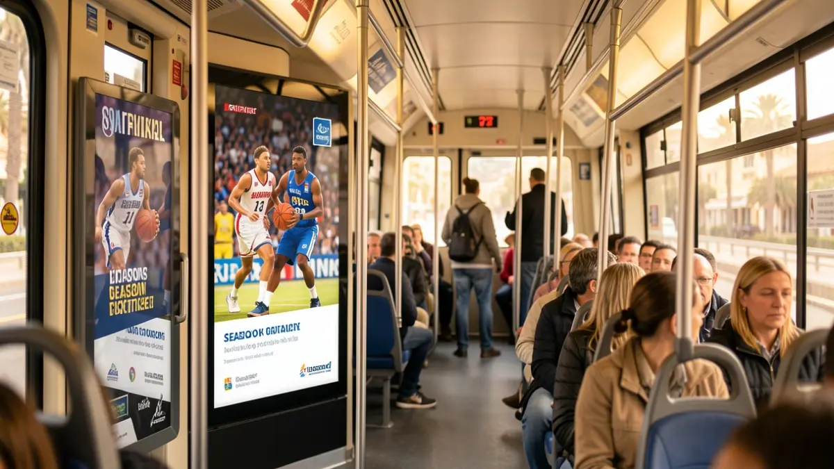Image of a tram in Tenerife with advertising for a basketball season ticket campaign.