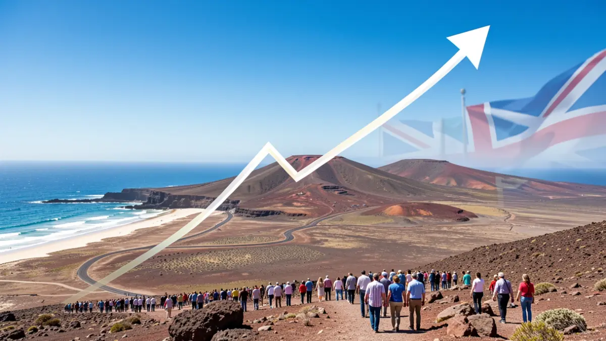 Tourism economic growth graph over Fuerteventura's volcanic landscape with abstract elements.