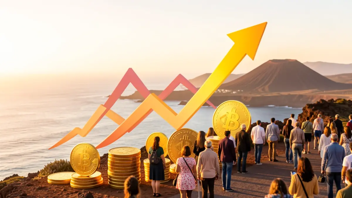 Generic image of economic growth in tourism with abstract elements and a volcanic landscape of the Canary Islands.
