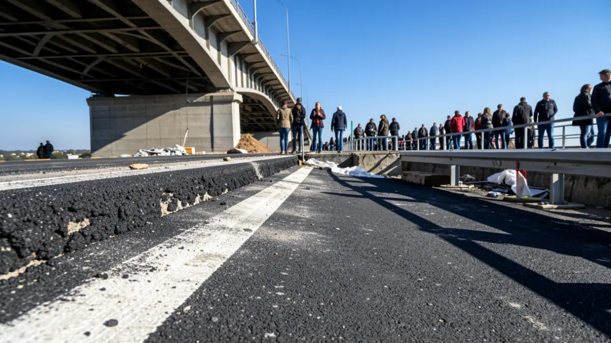 Imagen de primer plano de un viaducto en obras con asfalto y materiales de construcción.