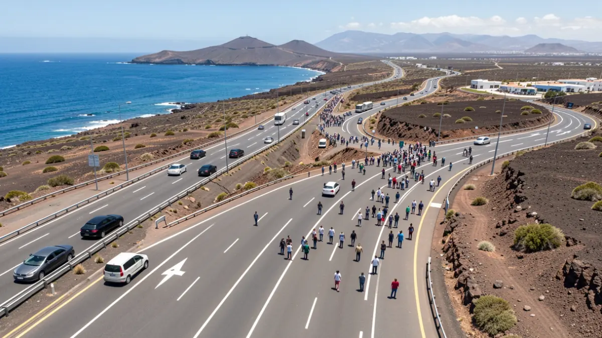 Vista aérea de una autopista en Gran Canaria con el paisaje volcánico y la costa al fondo.