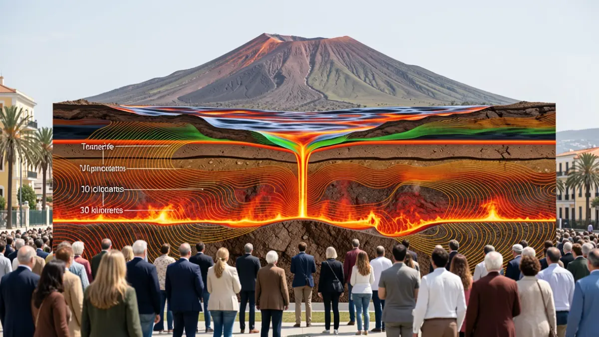 Visualización de la estructura profunda de la corteza y el manto superior bajo Tenerife, mostrando zonas de acumulación de magma.