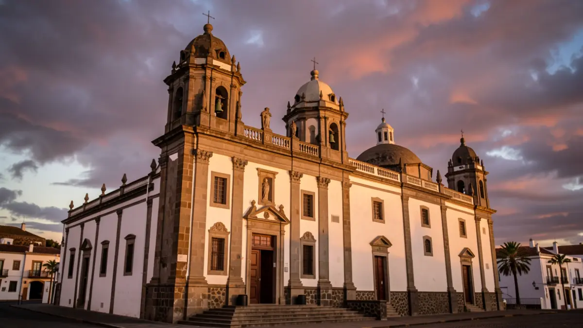 Fachada de la Basílica de Candelaria en Tenerife, Islas Canarias, con cielo dramático y luz de atardecer.