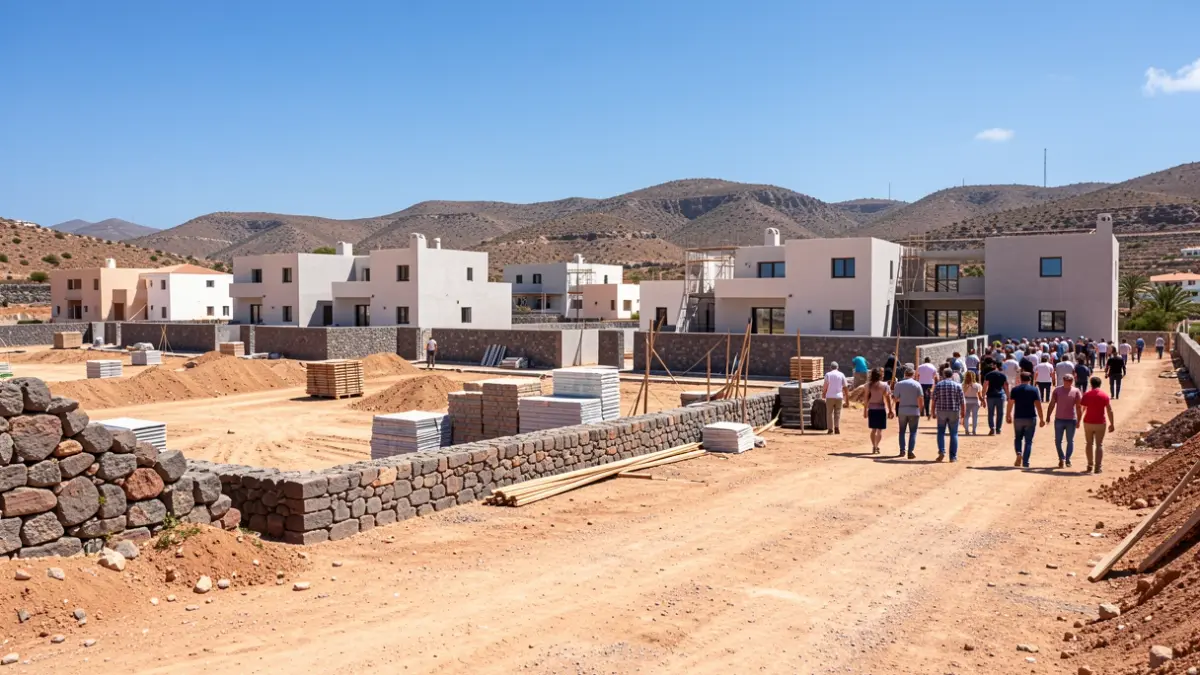 Obra en construcción de viviendas públicas en un paisaje árido de Canarias.