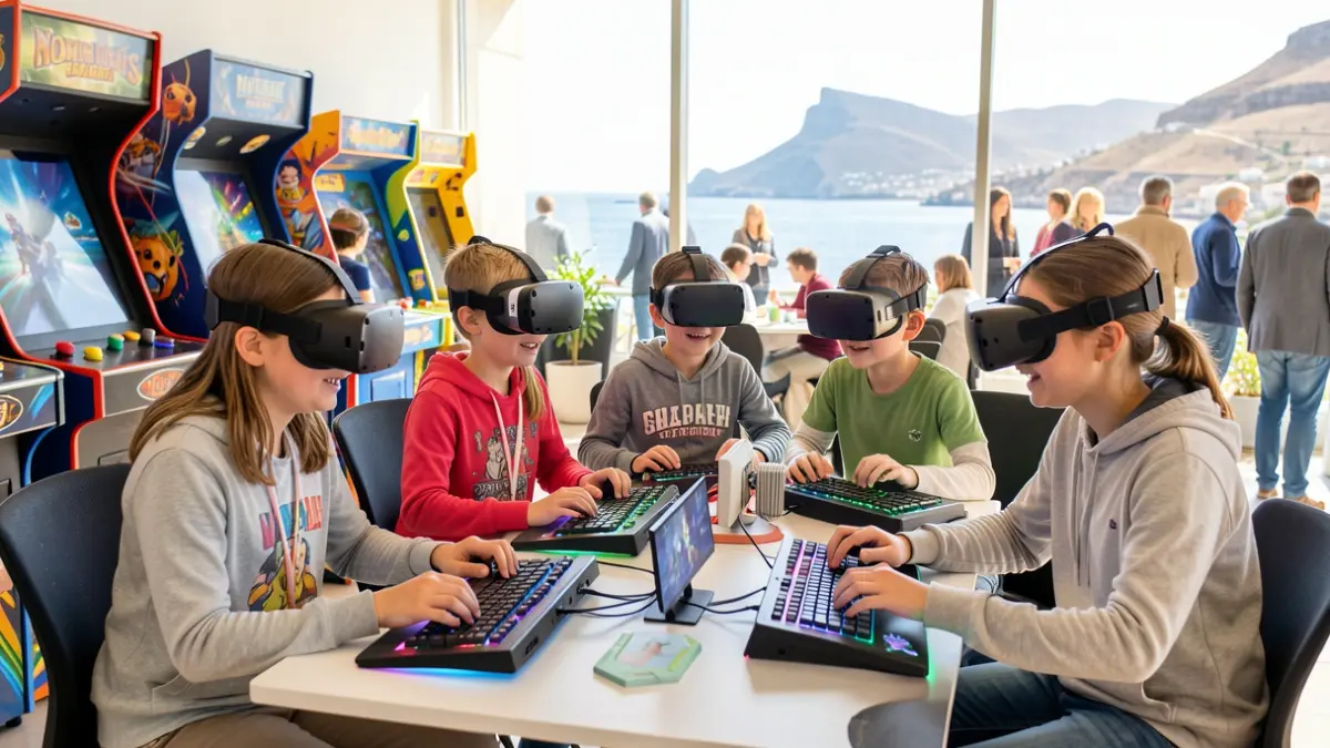 Image of a family enjoying cooperative video games and virtual reality at a digital leisure event in Fuerteventura.