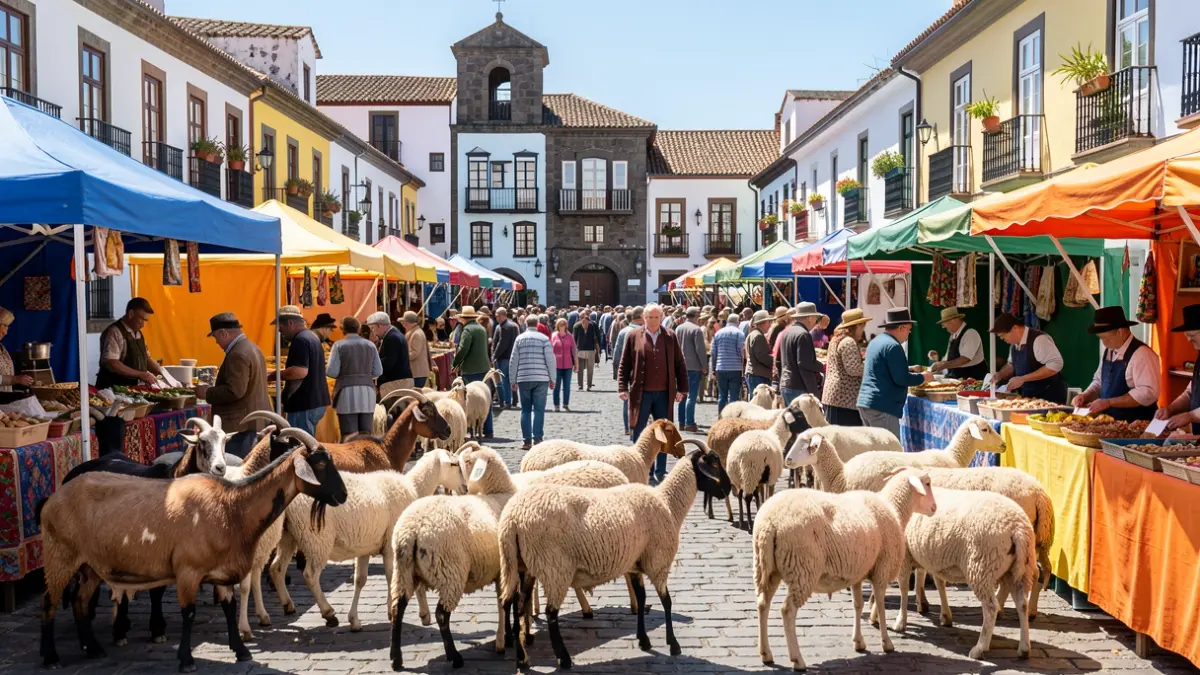 Imagen de una feria de ganado en Teror con animales, ganaderos y arquitectura local.