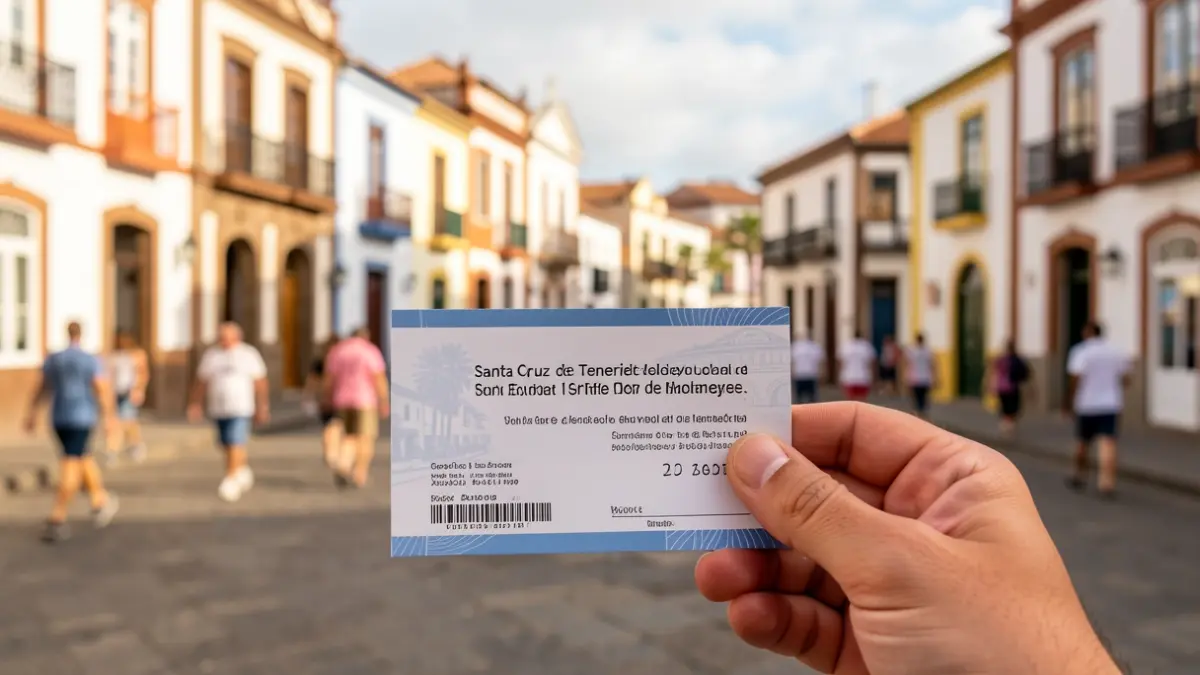 Image of a consumption voucher being held by a hand, with a Santa Cruz de Tenerife square in the background.