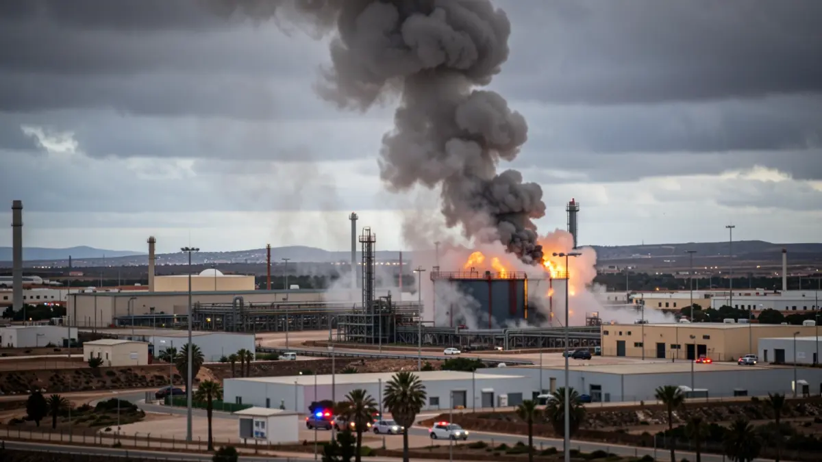 Image of an industrial park in Telde with smoke rising from a fuel tank after an explosion.