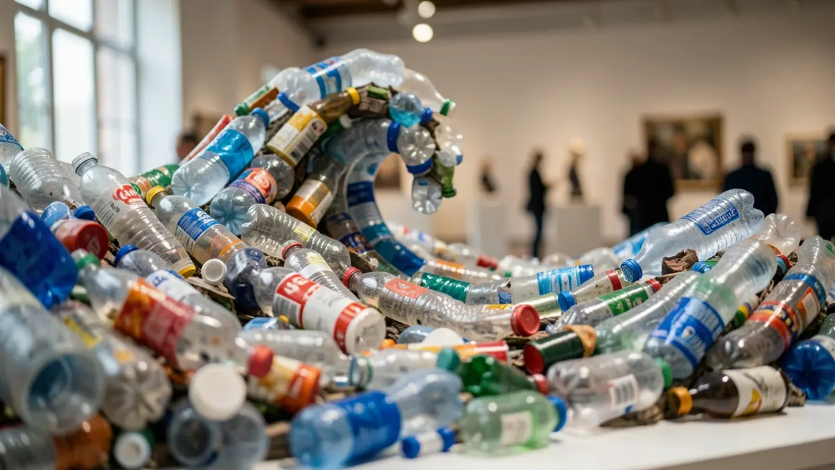 Image of a sculpture made from recycled plastics simulating ocean waves, within a museum exhibition context.