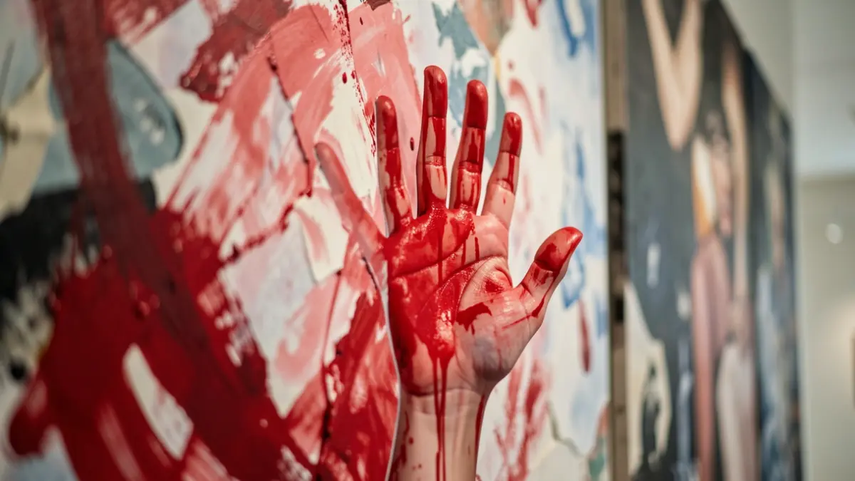 Abstract representation of Sarah Curtenaz's 'Libertad' exhibition, featuring the color red and a symbolic hand gesture.