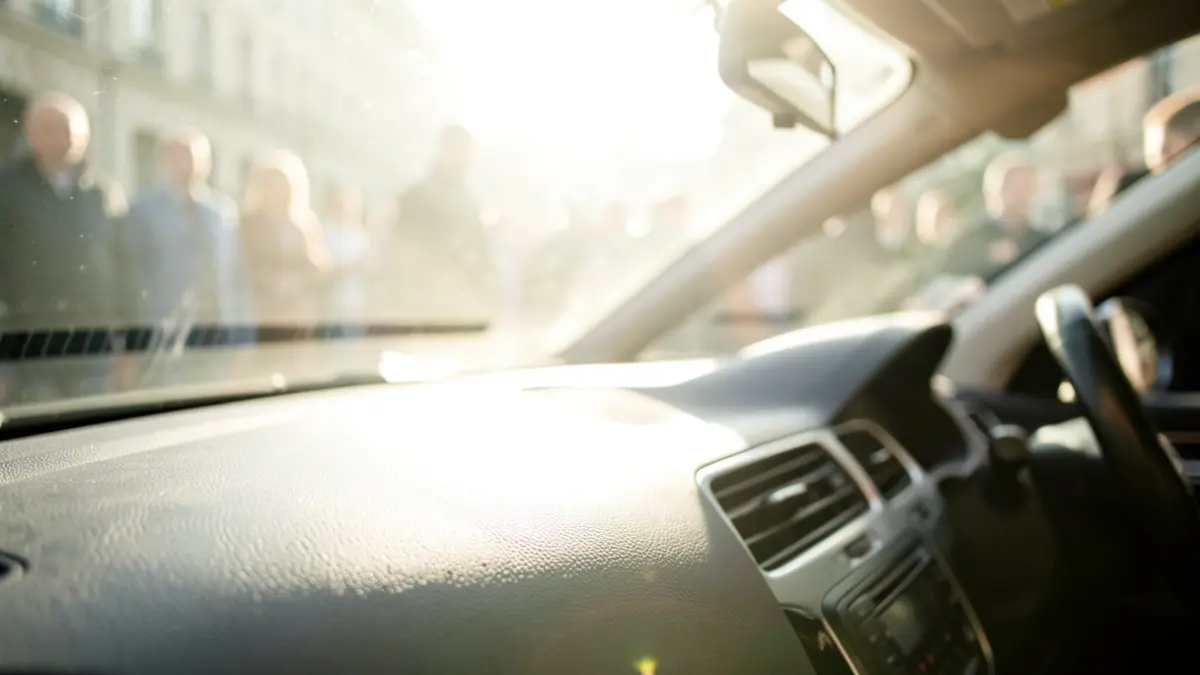 Imagen genérica de un interior de coche con luz solar intensa y reflejos, sugiriendo calor extremo.