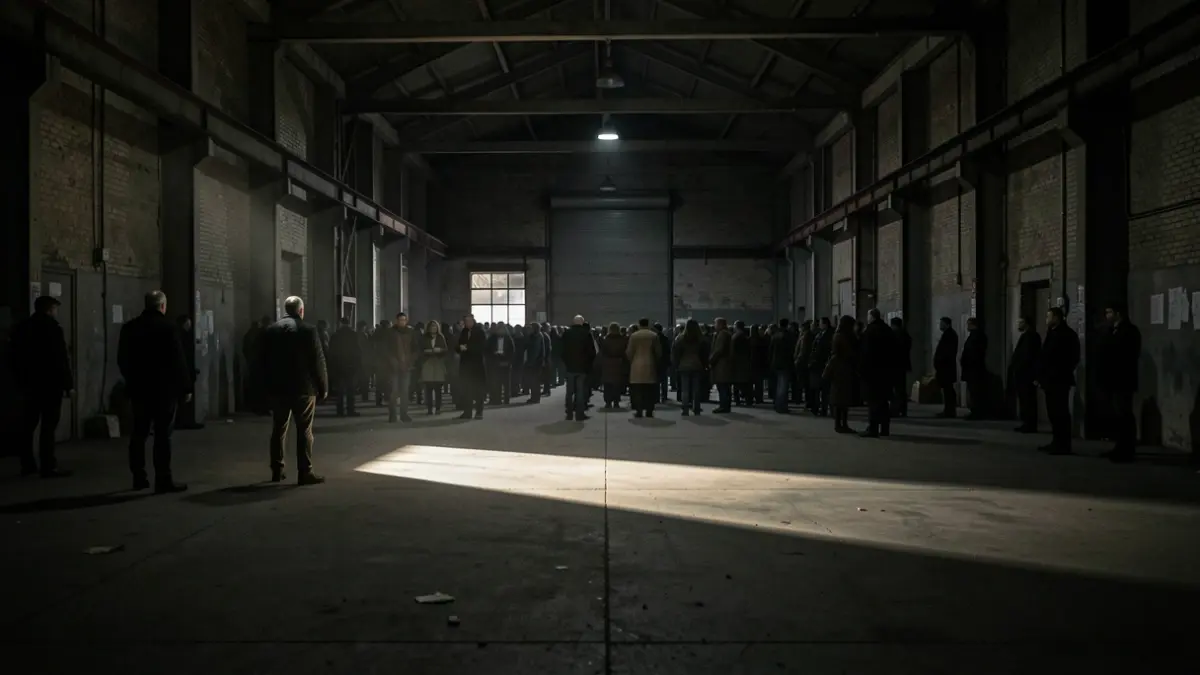 Generic image of a dark, empty industrial warehouse at night, with shadows and a beam of light.