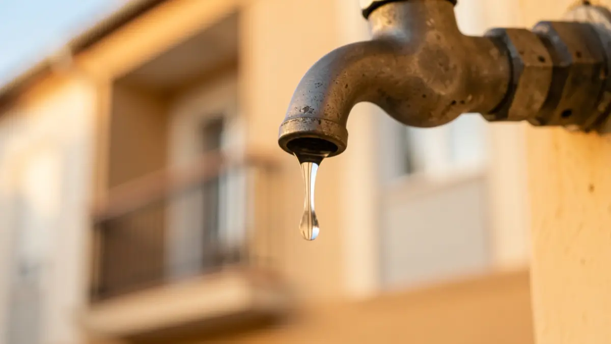 Close-up of a dripping faucet with a drop of water, with a residential building window in the background.