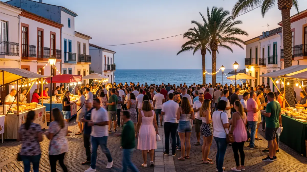 Imagen genérica de una plaza de pueblo costero en Canarias durante una fiesta al atardecer, con gente y luces.
