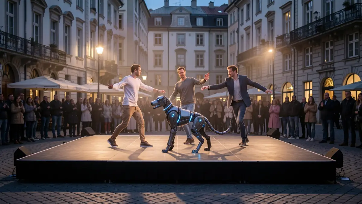 Image of a contemporary dance performance with performers and a robot dog in a public square.