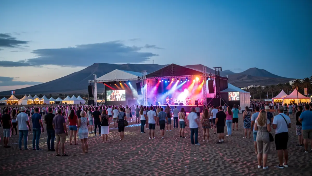 Escena de un festival de música al aire libre en una playa de Canarias al atardecer.