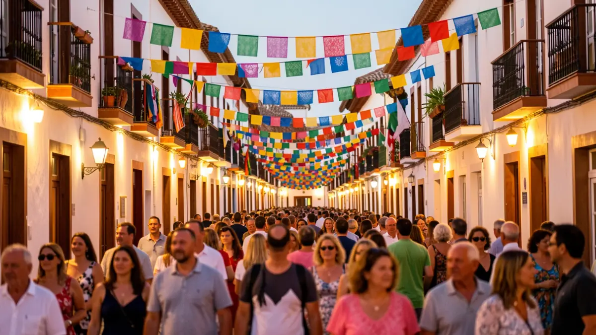 Festive atmosphere in Melenara with decorations and people in the streets.