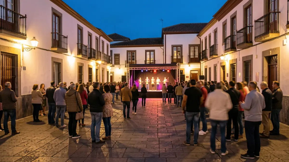 Imagen genérica de una plaza canaria al atardecer con gente celebrando un evento local.