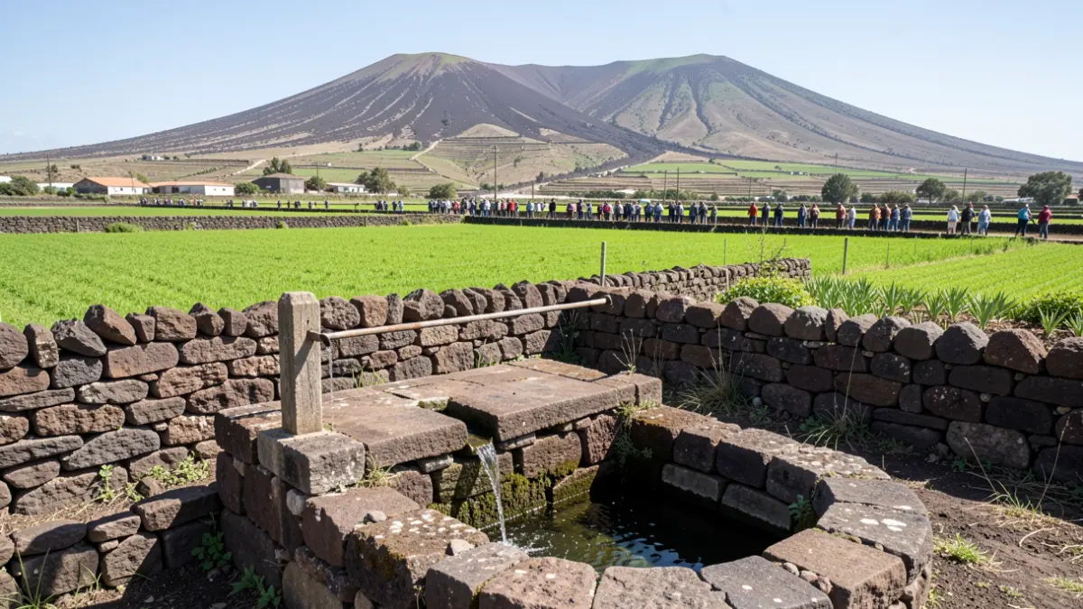 Image of the Manitaga Fountain in Fuerteventura, featuring dry stone walls and vegetation.