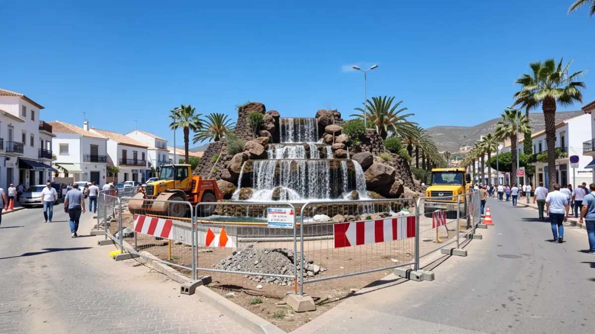 Obras de construcción de una nueva cascada ornamental en la avenida Leopoldo Matos de Firgas.