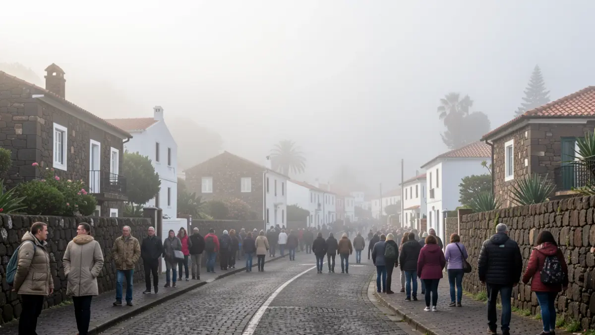 Generic image of a foggy and cloudy sunrise in a Canary Islands town.