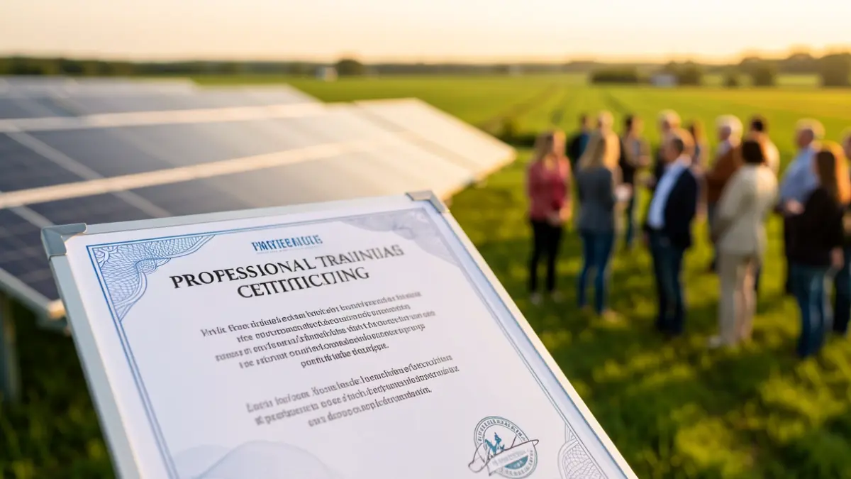 Certificat de formació professional en energies renovables amb panells solars al fons.