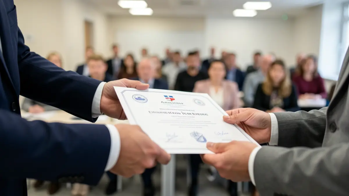 Generic image of hands receiving a certificate in a professional training environment.