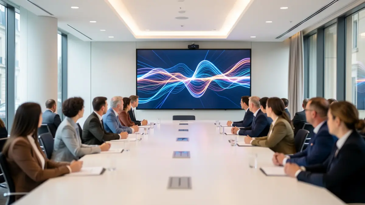 Generic image of a modern conference room with a screen and attendees.