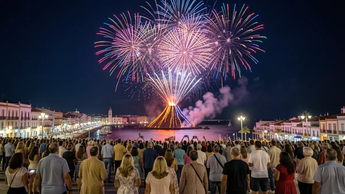 Espectáculo de fuegos artificiales y volcán de voladores de las fiestas de San Lorenzo en Las Palmas de Gran Canaria.