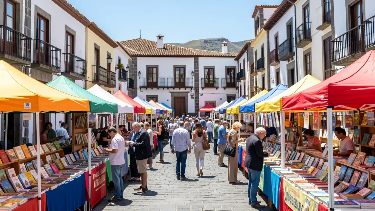 Generic image of an outdoor book fair in a Spanish square with book stalls and people.