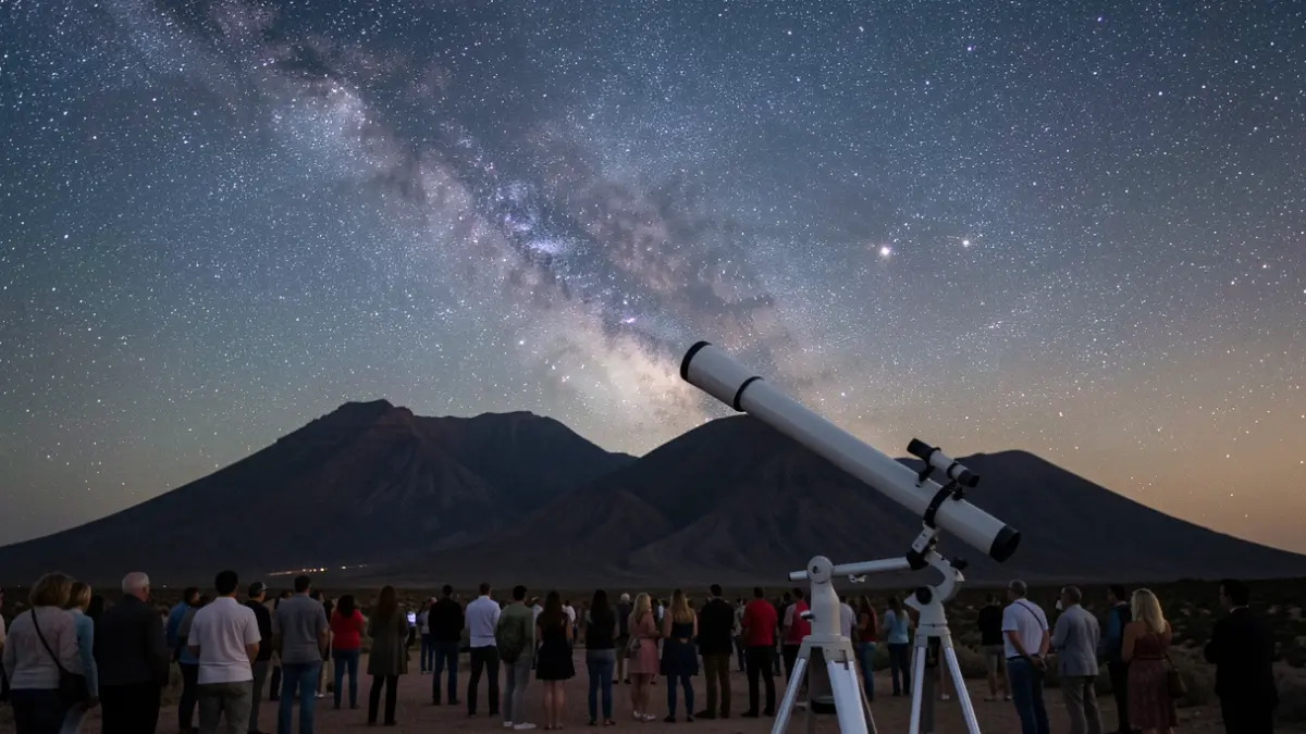 Generic image of a telescope observing the night sky over a volcanic landscape.