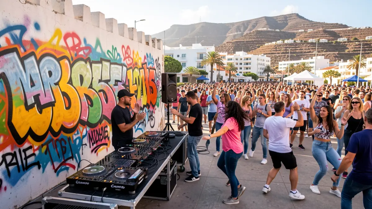 Image of an urban culture event in Fuerteventura with hip hop elements like graffiti, a DJ, and dancers.