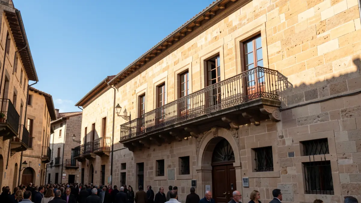 Facade of a traditional Canarias town hall with balcony and iron railings, warm afternoon light, blue sky.