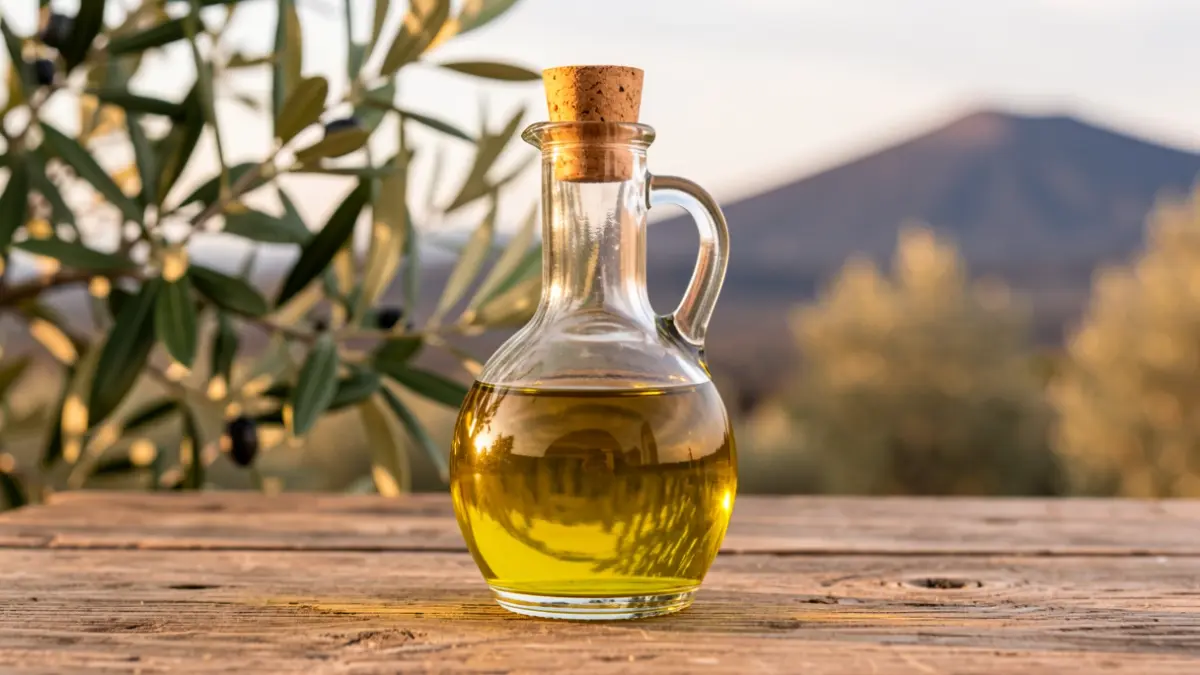 Bottle of extra virgin olive oil from Fuerteventura on rustic wood.