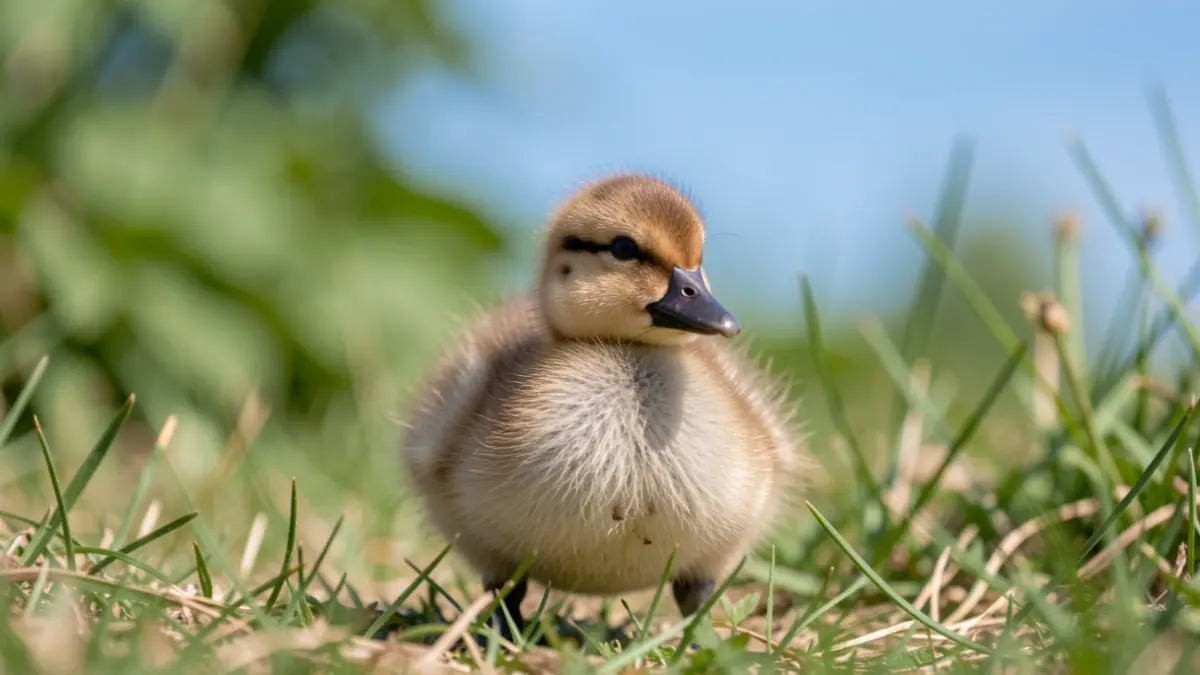 Primer plano de un patito de tarro canelo sobre hierba, con el fondo desenfocado.