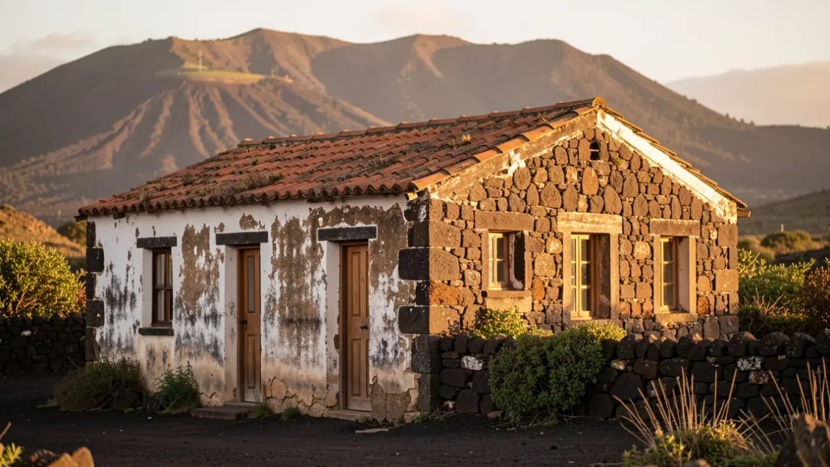 Image of a centenary house in Fuerteventura, with volcanic landscape in the background.