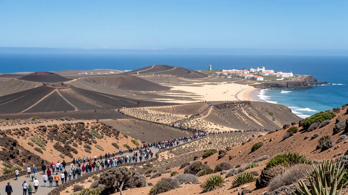 Panoramic view of Fuerteventura island with volcanic landscapes, beaches, and Canarian architecture.