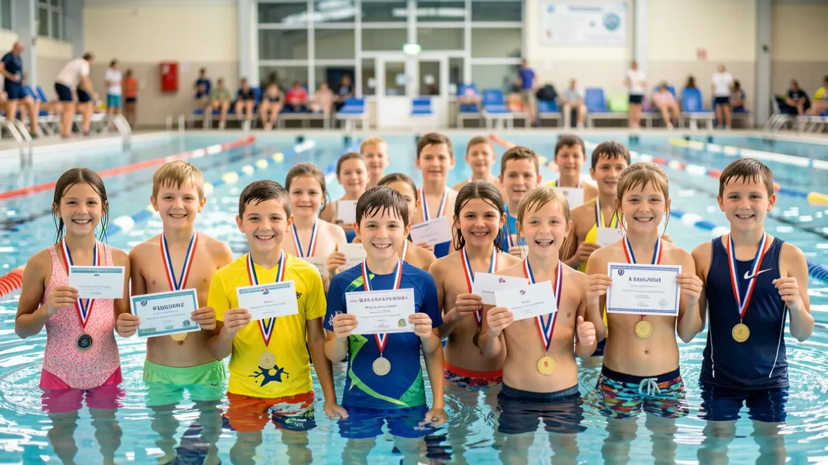 Niños recibiendo diplomas y medallas en la clausura de los Cursillos de Natación de la Fundación CajaCanarias.