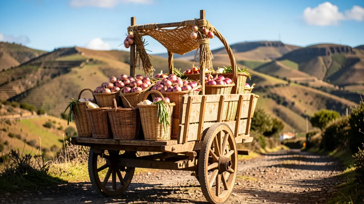 Carreta tradicional canaria decorada con mimbre y cebollas, lista para la romería.