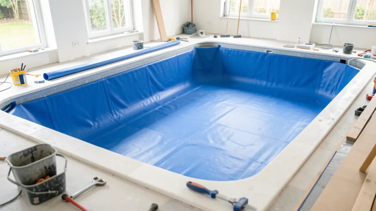 Image of the interior lining replacement of a swimming pool.