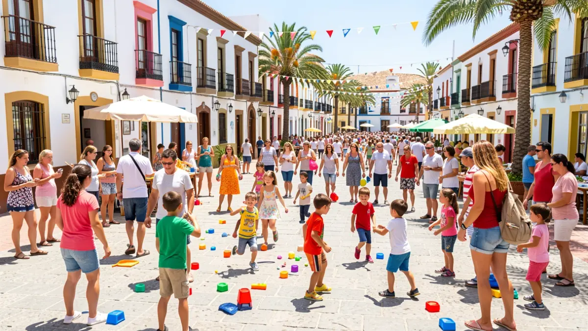 Image of families and children enjoying outdoor activities in a Gáldar town square.
