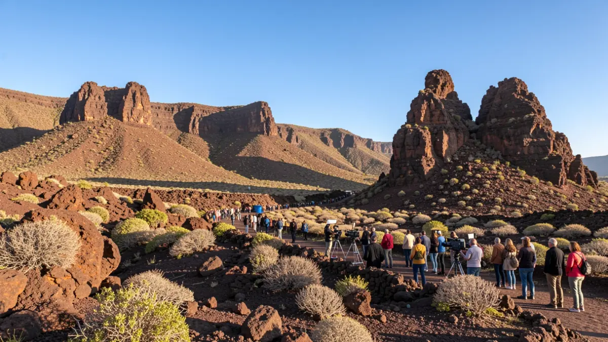 Volcanic landscape of Gáldar with rock formations and vegetation, and a film crew in the distance.
