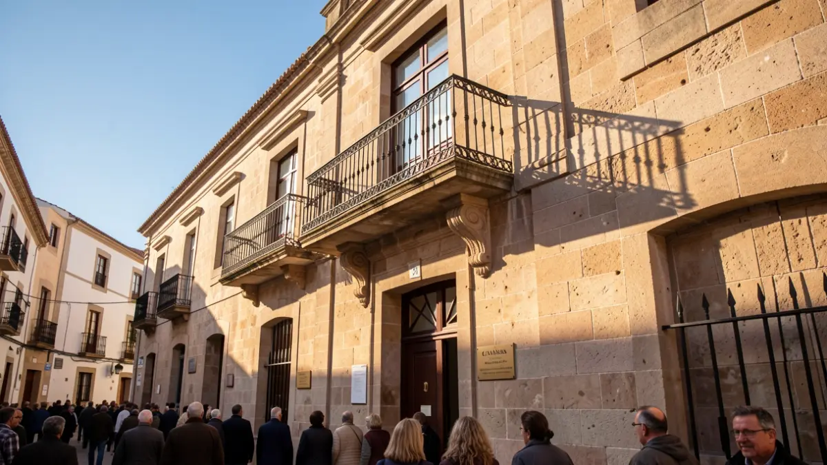 Stone facade of a Canarias town hall with balcony and iron railings, warm afternoon light.