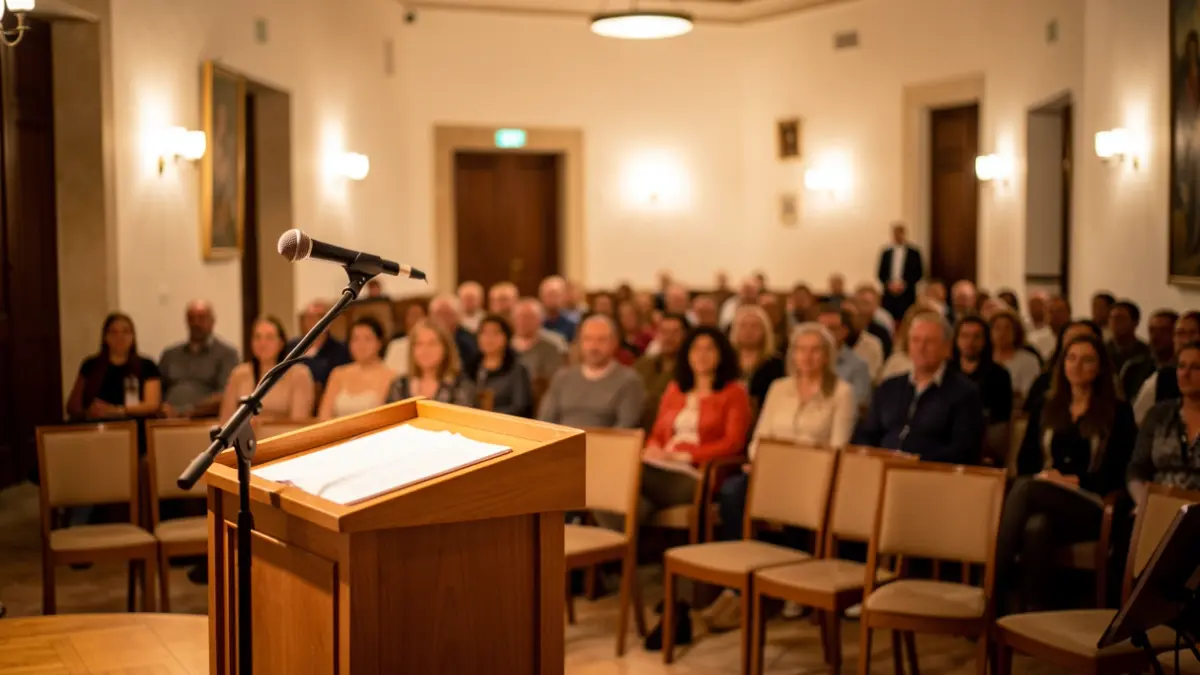 Generic image of a community hall interior in the Canary Islands, with a microphone on a podium and empty chairs.