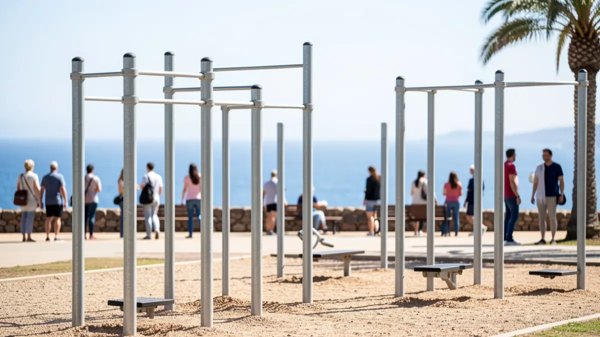 Aparatos biosaludables de acero galvanizado en un parque costero de Gáldar, Gran Canaria.