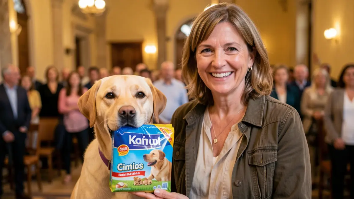 Ganadora de un concurso canino posando con su perro y premio en el Ayuntamiento de La Orotava.