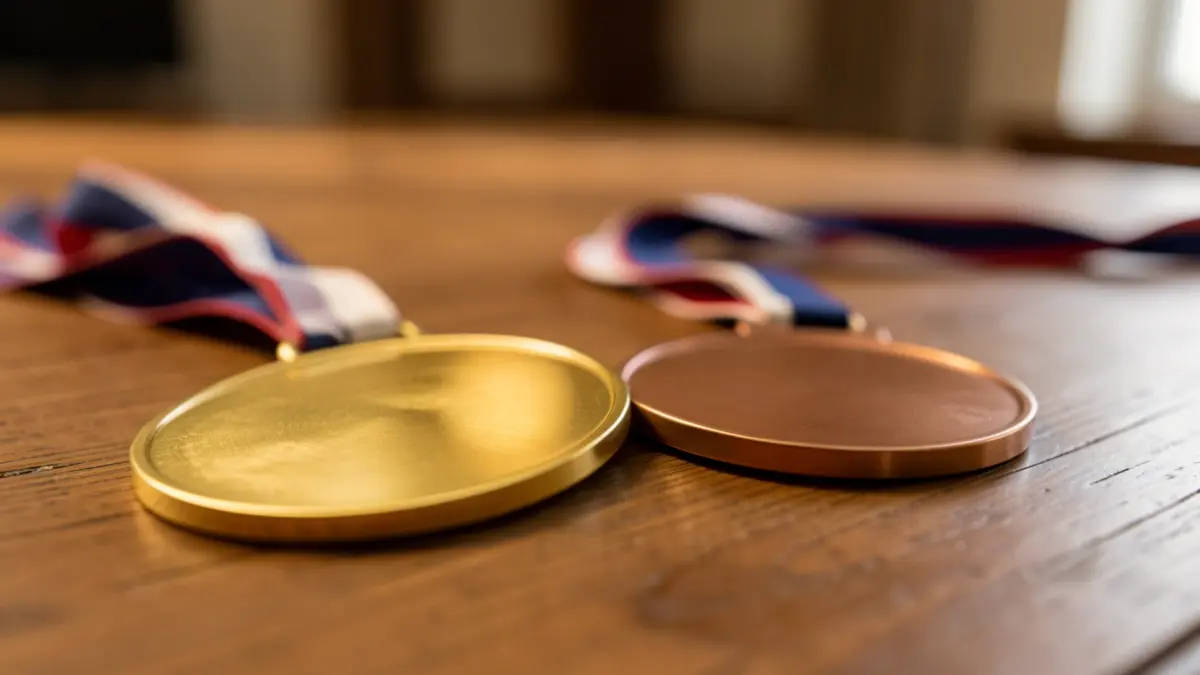 Primer plano de medallas de oro y bronce de gimnasia.