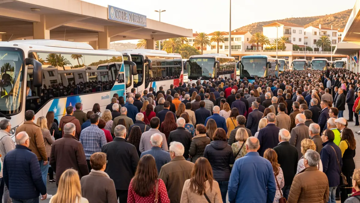 Image of the Teror bus station crowded with people waiting for transport during the El Pino pilgrimage.